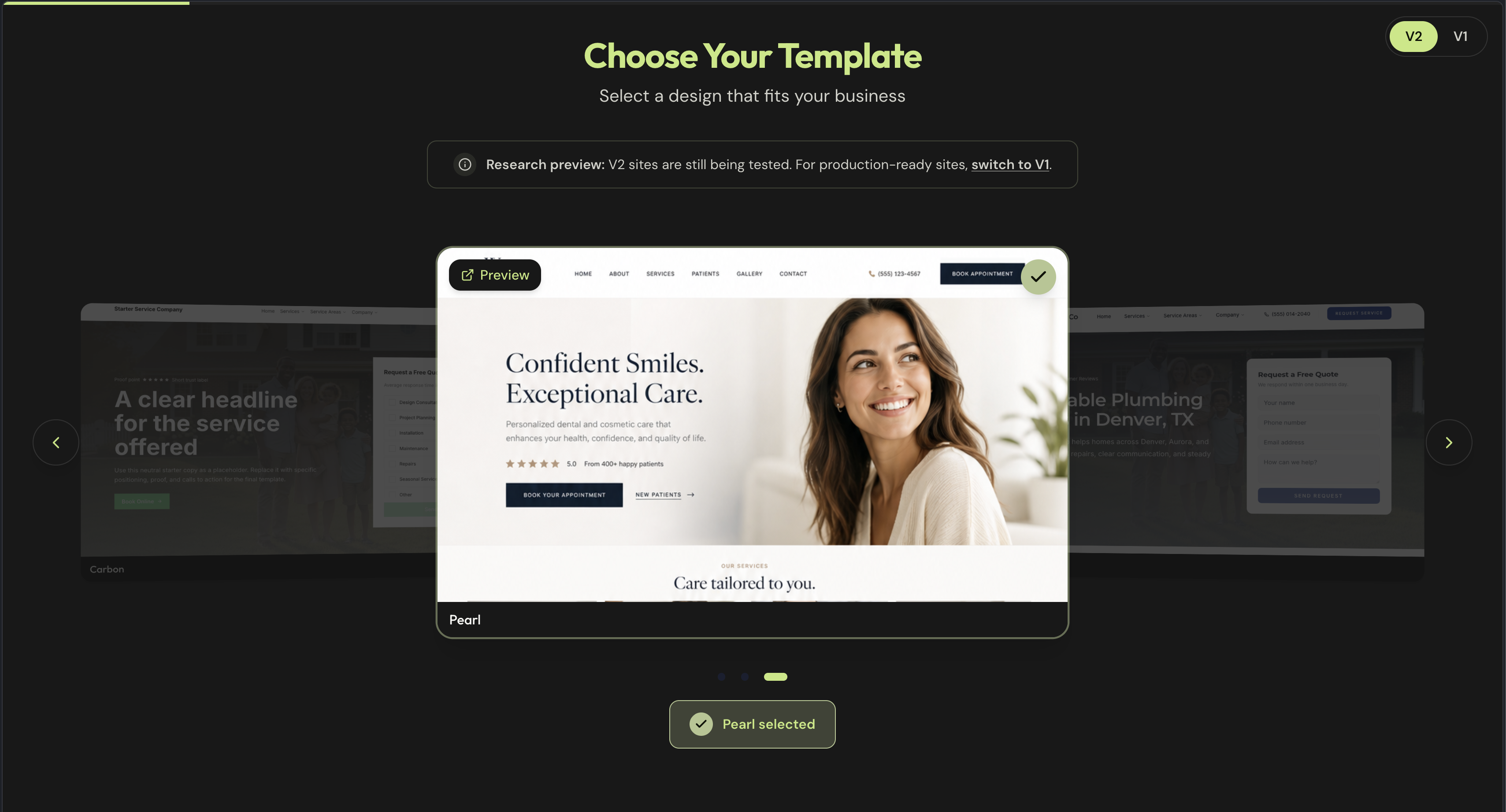 1ClickWebsite V2 Pearl template selection screen